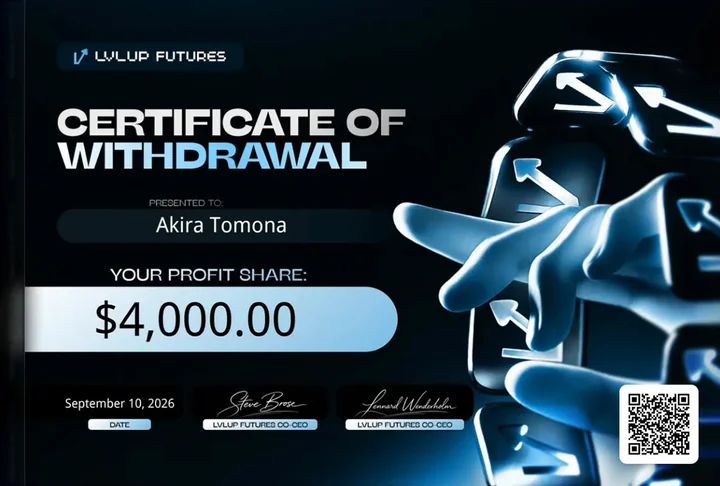 Lvlup Futures certificate of withdrawal, $4,000.00 profit share, September 10, 2026