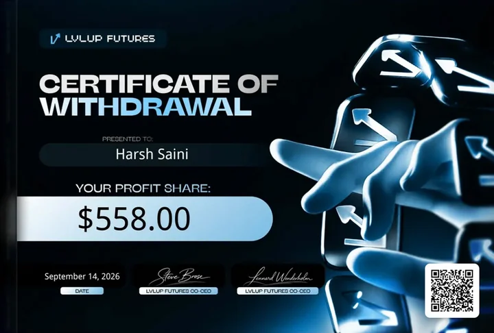 Lvlup Futures certificate of withdrawal, $558.00 profit share, September 14, 2026