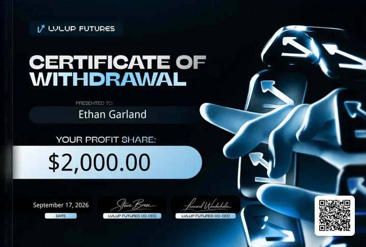 Lvlup Futures certificate of withdrawal, $2,000.00 profit share, September 17, 2026